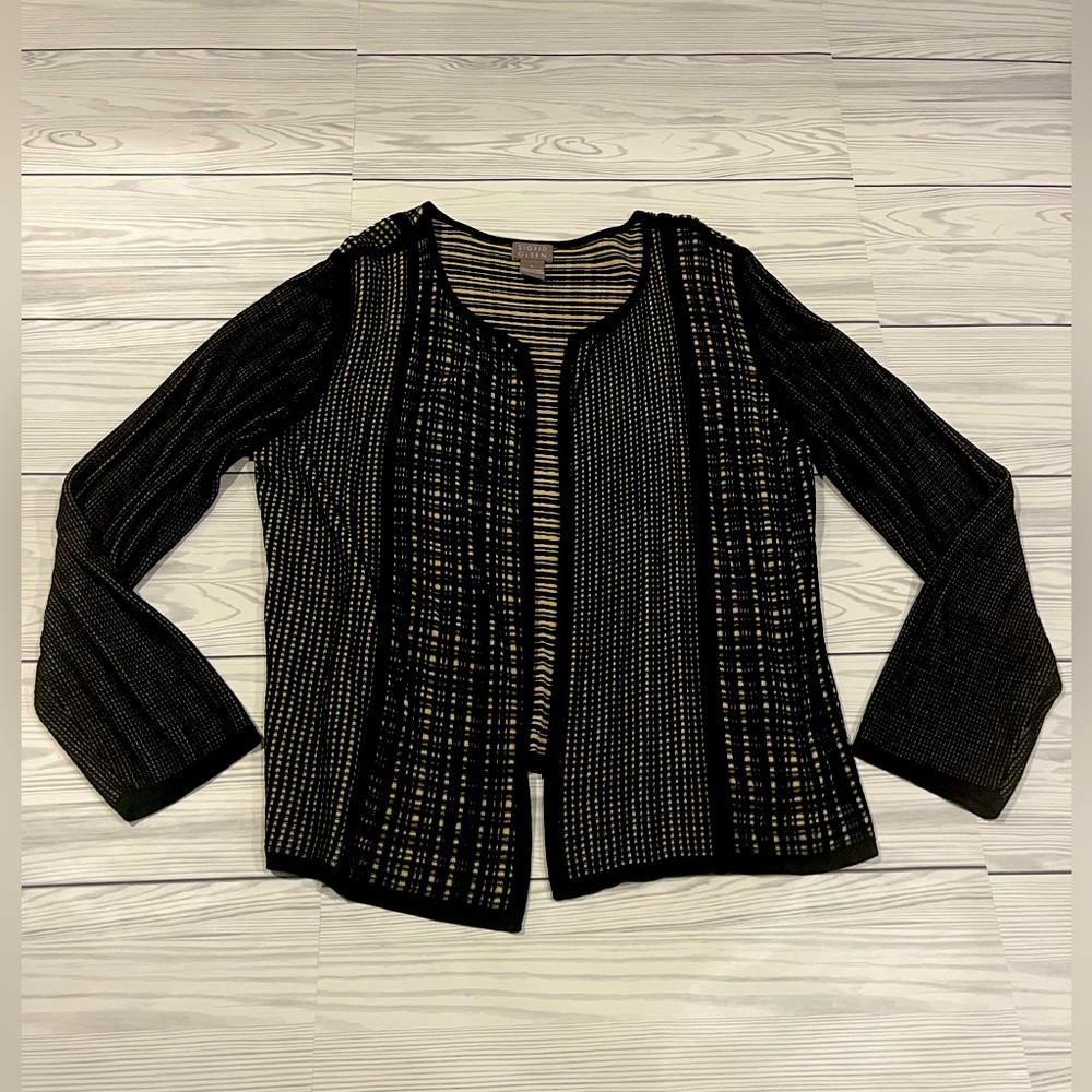 Silk Sigrid Olsen Black and Tan open cardigan sweater top plaid striped